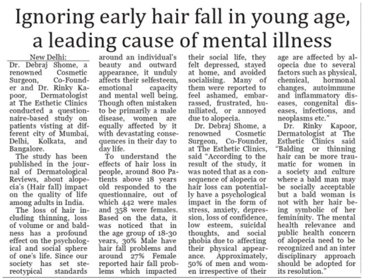 Ignoring Early Hair Fall In Young Age, a Leading Cause Of Mental Illness – Top Story, Delhi